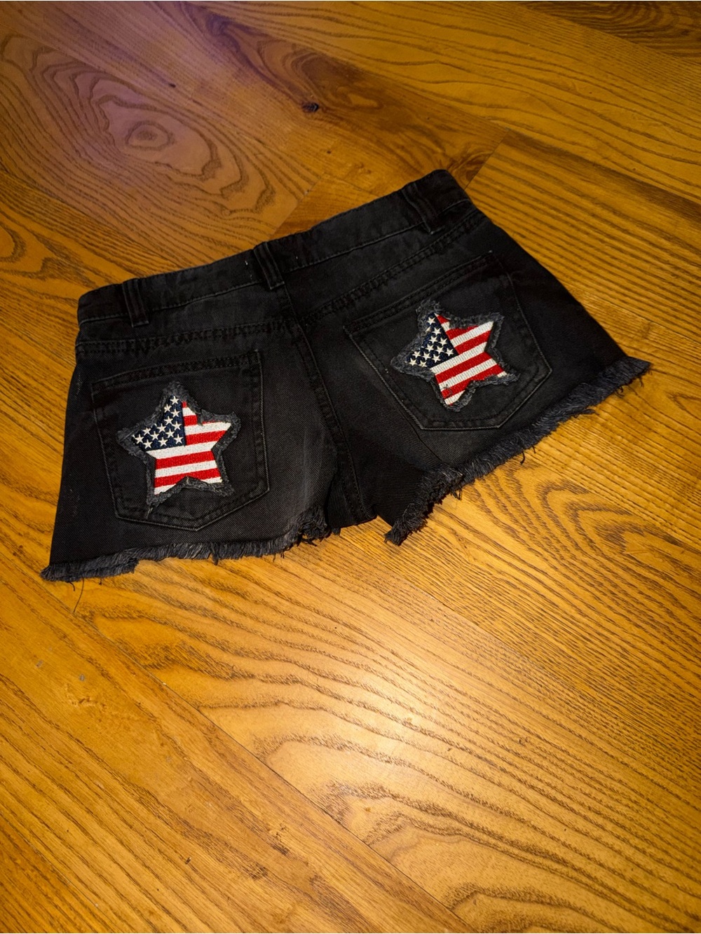 Black Denim Women’s Shorts with American Flag Star Patches